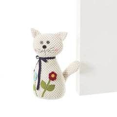 Tope de puerta gato de tela y gravilla blanco de 18x13x27 cm