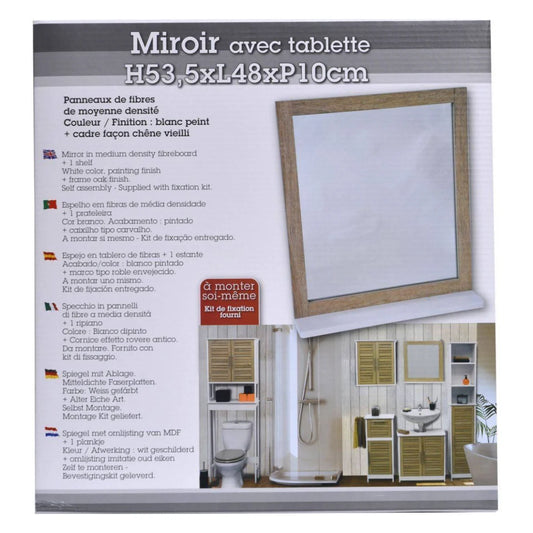 Espejo con Estante 'Stockholm' Espejo de Cristal + 1 Balda, Mueble Estantería de Baño de Madera, Resistente al Agua y Humedad 48x10x53,5cm