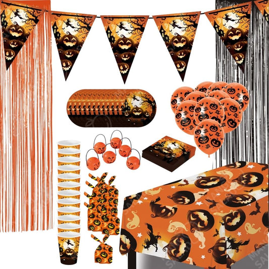 Set 90 Pzs Juego de Vajilla de Halloween y decoración para 12 Personas