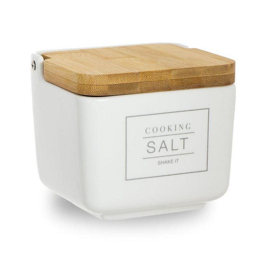 Salero con Tapa de Bambú Essential Blanco 12 x 12 x 11cm