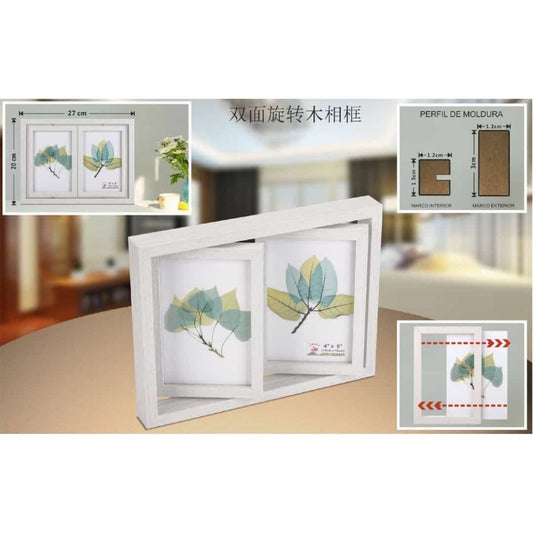 Marco doble giratorio de madera blanca vertical 10x15cm