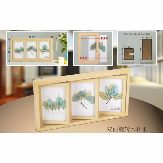 Marco triple giratorio de madera vertical 10x15cm