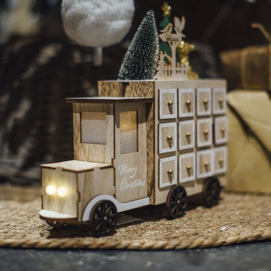 Calendario de Adviento "Camión con LEDS" Madera 29.5x10x28cm