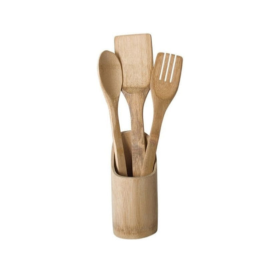 Set 3 utensilios de bambú + portautensilios
