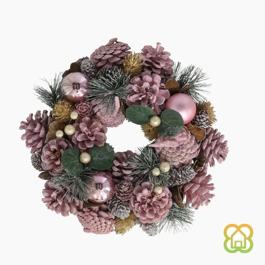 Corona Navidad Piñas Y Bolas Lena Rosa 25cm