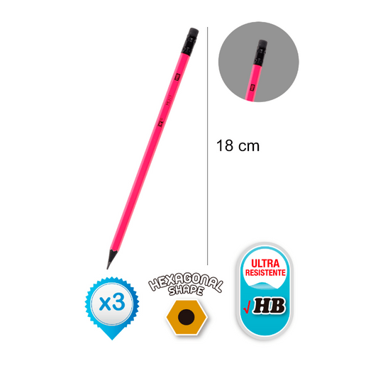 Pack 3 lápices con goma fluorescentes