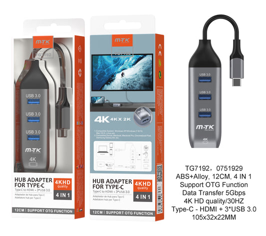 Type-C hub 3 USB y HDMI 4k