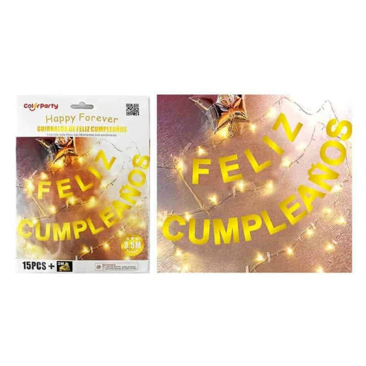 Guirnalda "Feliz Cumpleaños" dorado con luces 3,5 m