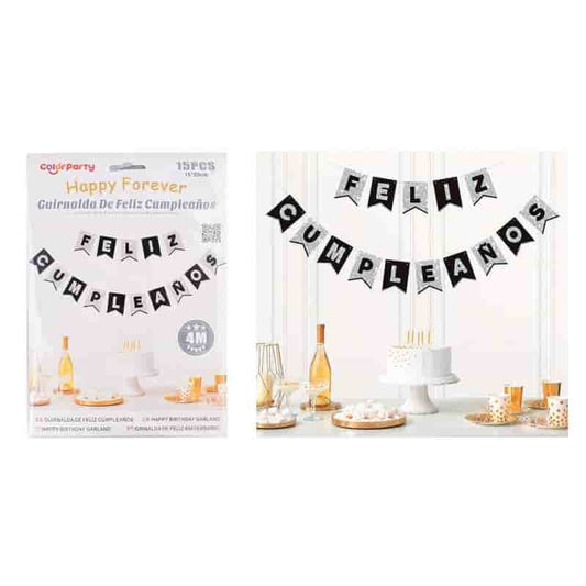 Guirnalda "Feliz Cumpleaños" monocromático purpurina gris y negro 4 m