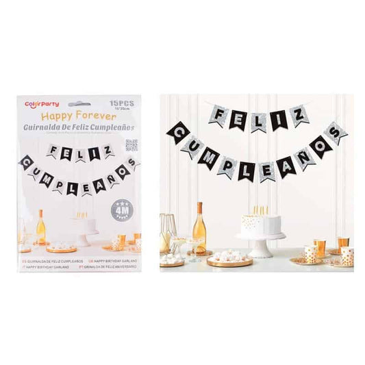 Guirnalda feliz cumpleaños plateada purpurina 4m