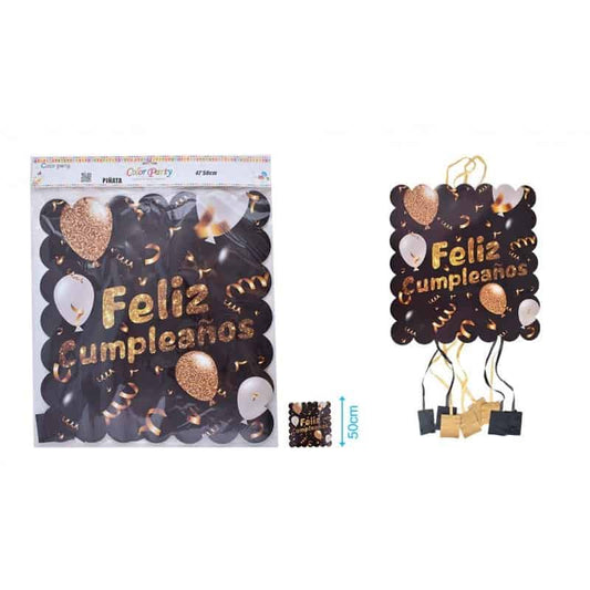 Piñata "Feliz Cumpleaños" dorado/negro 50x47cm