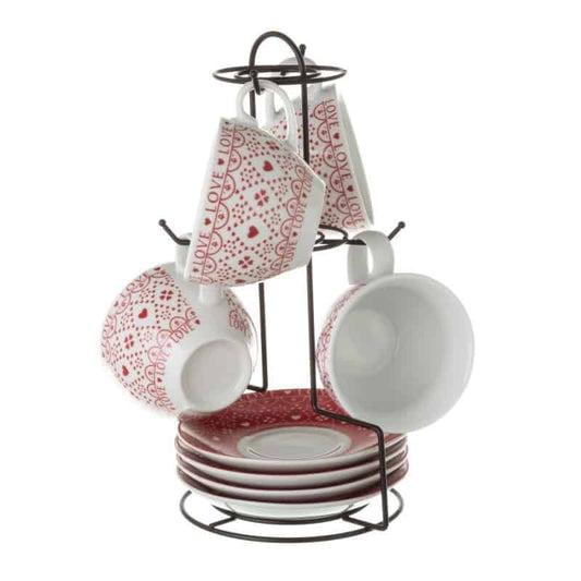 Set 4 tazas con plato Té Heart porcelana rojo 8 x 4 x 5,80 cm