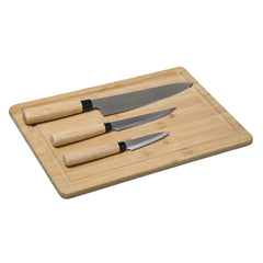 Kit de Cocina 4 Piezas: Tabla de Bambú con Cuchillos de Acero Inoxidable