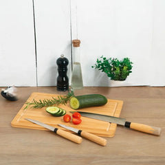 Kit de Cocina 4 Piezas: Tabla de Bambú con Cuchillos de Acero Inoxidable