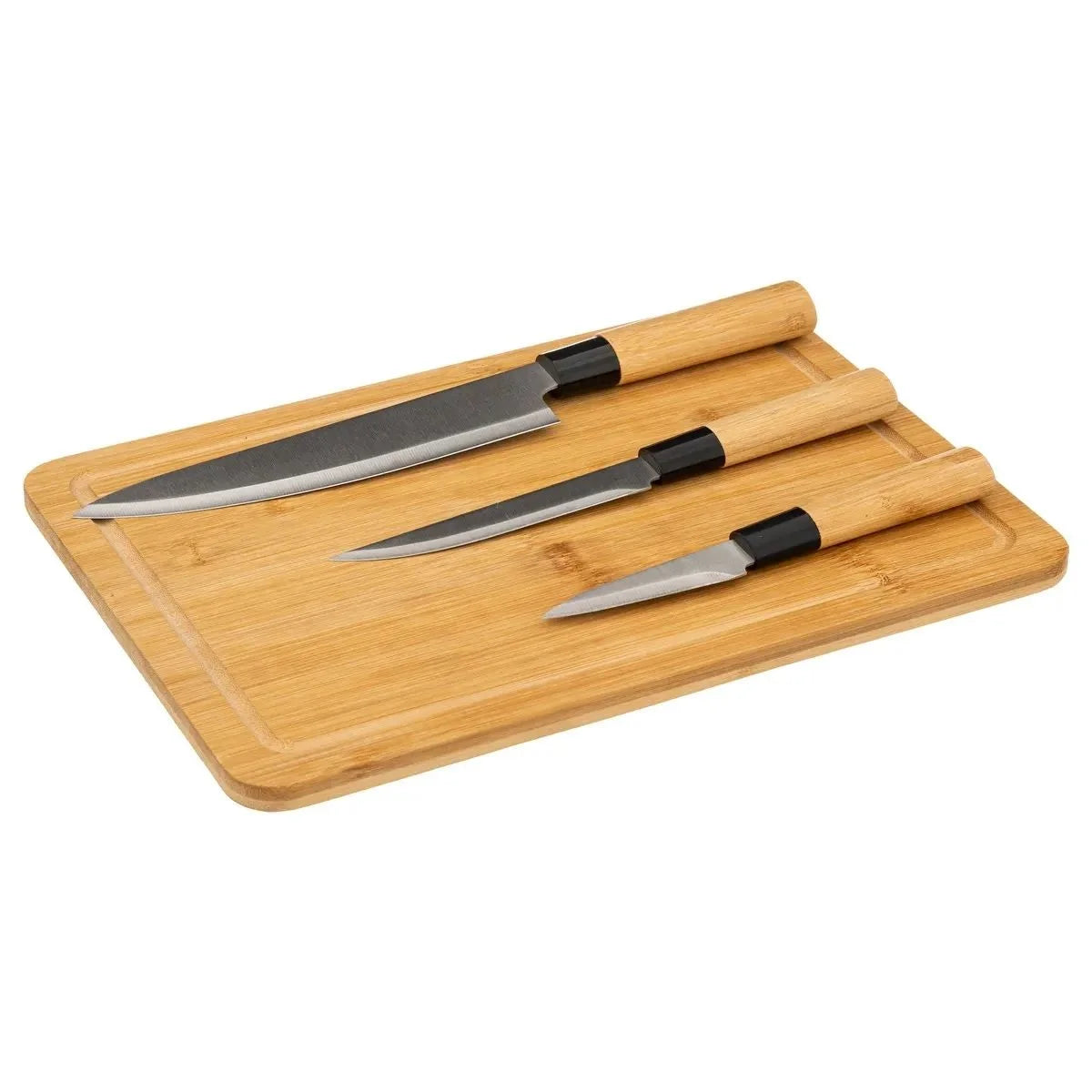 Kit de Cocina 4 Piezas: Tabla de Bambú con Cuchillos de Acero Inoxidable