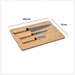 Kit de Cocina 4 Piezas: Tabla de Bambú con Cuchillos de Acero Inoxidable