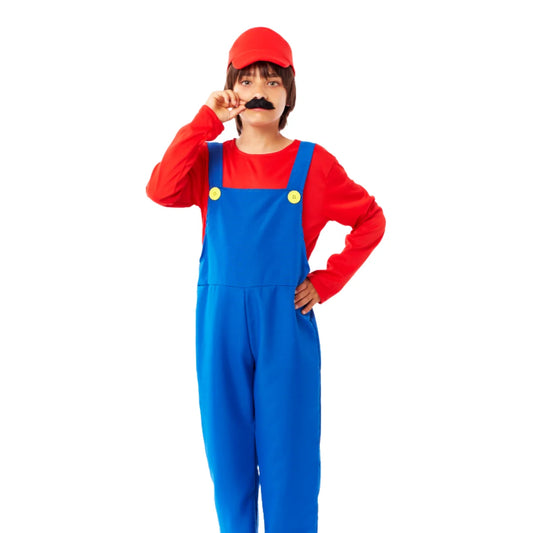 Disfraz Fontanero Rojo "Mario" para Niños - Traje de Carnaval Infantil para Fiestas Cumpleaños - Mono de Fontanero Rojo