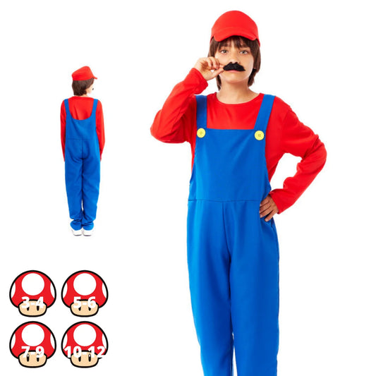 Disfraz Fontanero Rojo "Mario" para Niños - Traje de Carnaval Infantil para Fiestas Cumpleaños - Mono de Fontanero Rojo