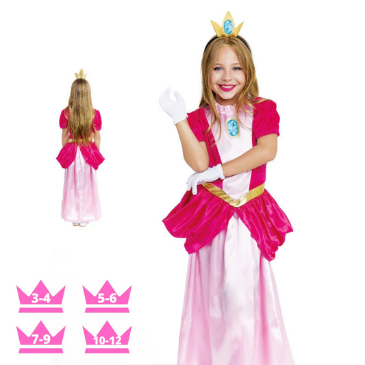 Disfraz Princesa "Peach" para niñas - Traje Vestido Corona y Guantes de Carnaval Infantil para Fiestas Cumpleaños Princesa Peach