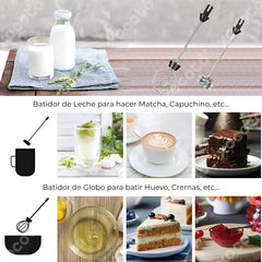 Espumador de Leche Eléctrico con dos Cabezales Mezcladoras, Fácil de Limpiar, Multiusos, Batidor de Huevos, Chocolate, 3 velocidades, Mezclador de Mano, Batidora Eléctrica, Batería Recargable, Producto Seguro y Duradero