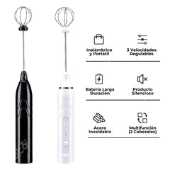 Espumador de Leche Eléctrico con dos Cabezales Mezcladoras, Fácil de Limpiar, Multiusos, Batidor de Huevos, Chocolate, 3 velocidades, Mezclador de Mano, Batidora Eléctrica, Batería Recargable, Producto Seguro y Duradero