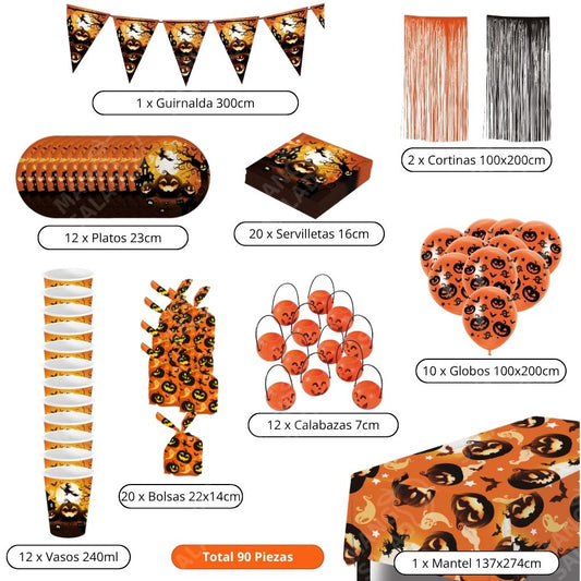 Set 90 Pzs Juego de Vajilla de Halloween y decoración para 12 Personas