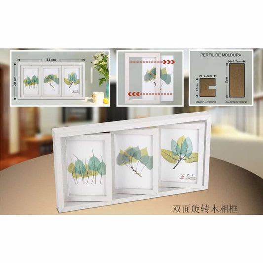 Marco triple giratorio de madera blanca vertical 10x15cm