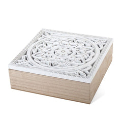Caja té "Mandala" madera blanca 22x22x7,5 cm