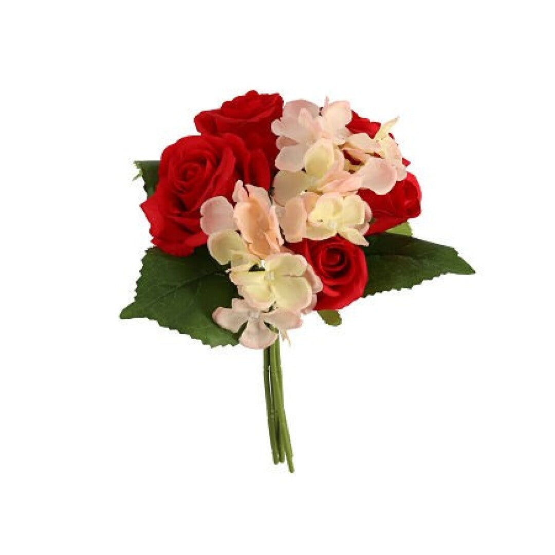 Ramo atado Rosas-Hortensia surt. X5-30cm Rojo