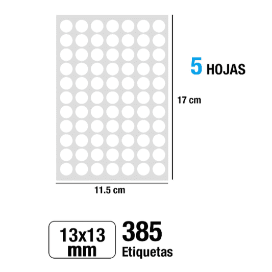 Etiquetas blancas adhesivas Ø13mm 385Uds