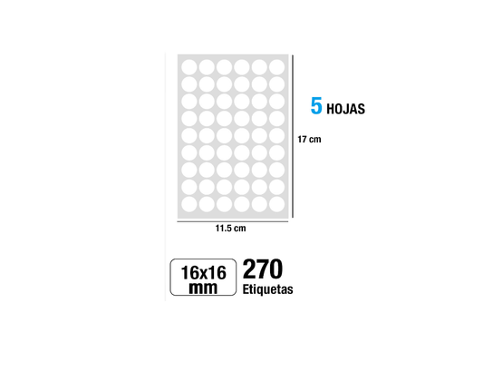 Etiquetas blancas adhesivas Ø16mm 270Uds