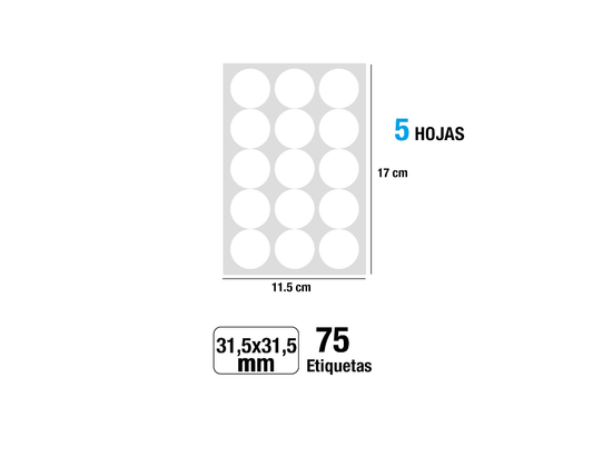 Etiquetas blancas adhesivas Ø31,5mm 75Uds