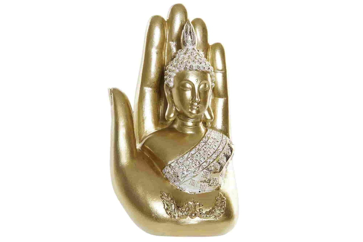 Figura resina 11x7x18 buda mano dorado