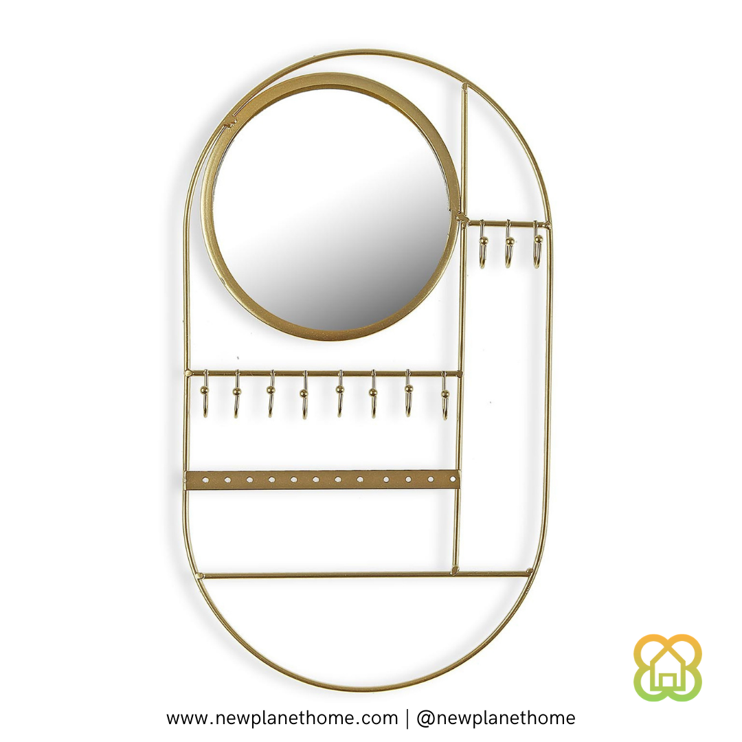 Joyero - Colgador de joyas dorado con espejo redondo