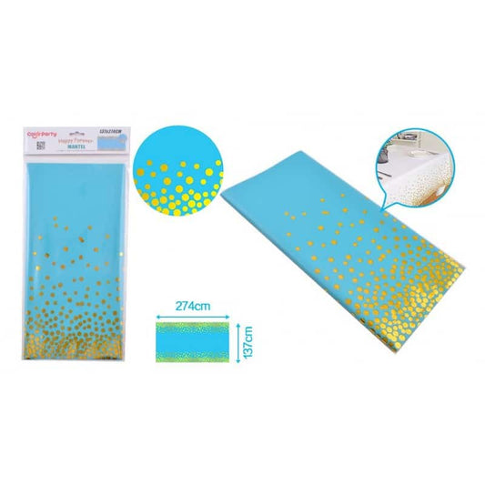 Mantel de plástico azul/dorado 137x274cm