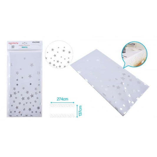 Mantel de plástico con estampado de estrellas plateadas 137x274cm