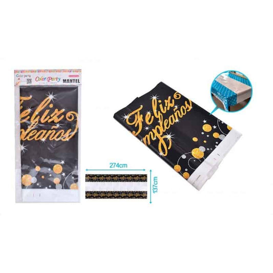 Mantel de plástico "Feliz Cumpleaños" dorado 137x274cm