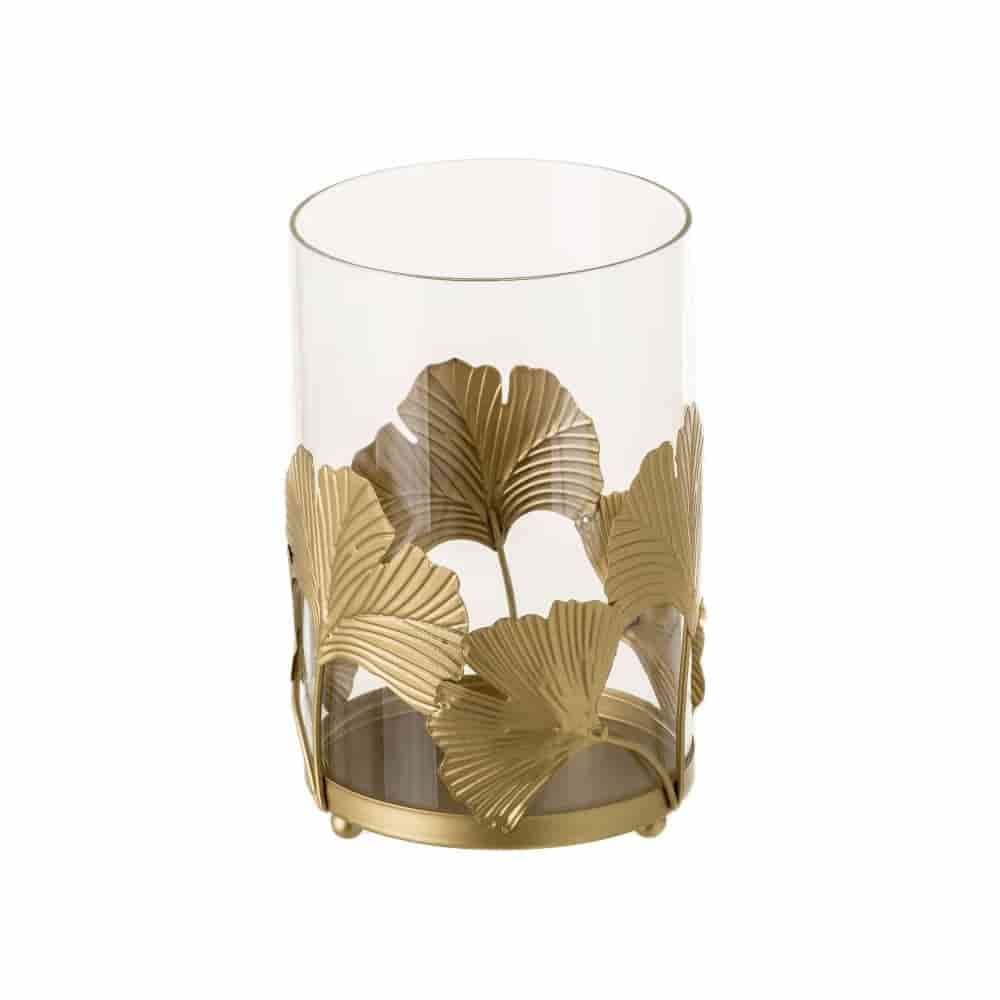 Portavelas exótico de hojas mediano dorado de metal y cristal de 11x11x17 cm