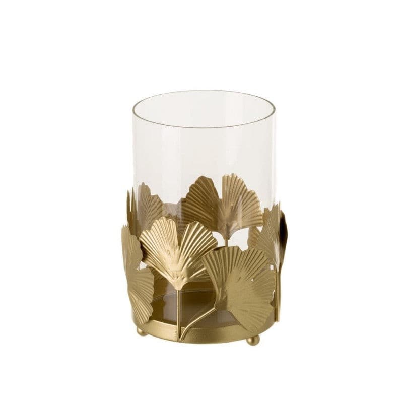 Portavelas exótico de hojas mediano dorado de metal y cristal de 9,50x9,50x13 cm